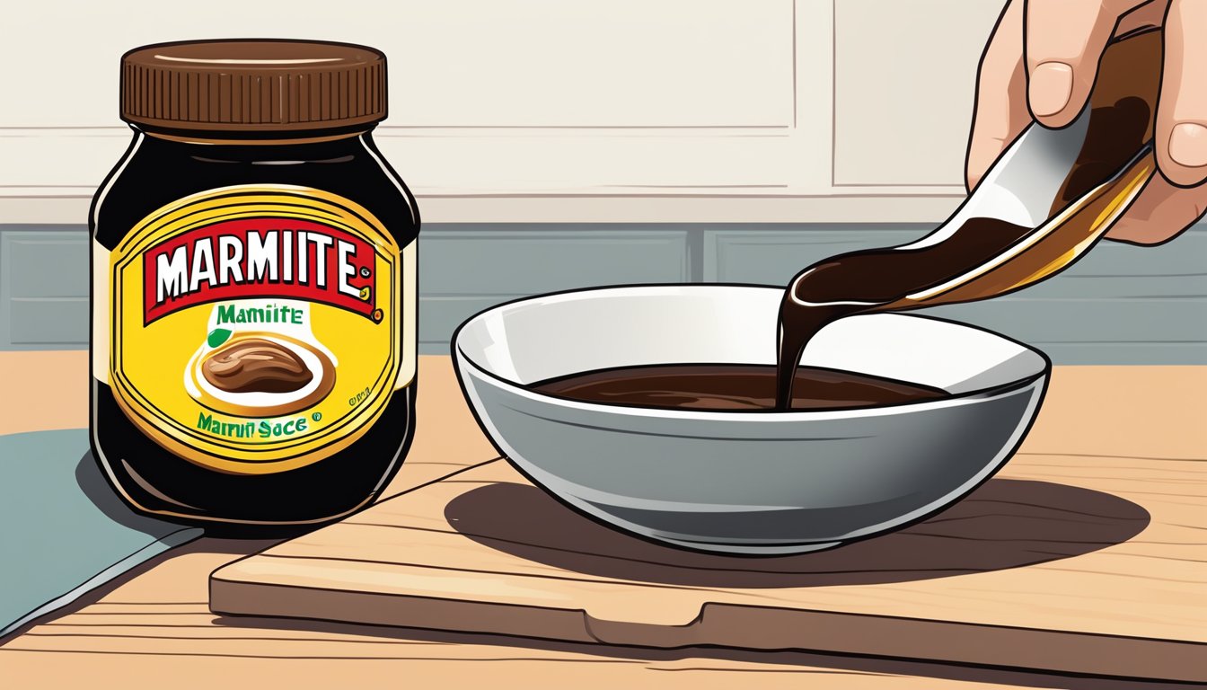 A jar of Marmite next to a bottle of soy sauce, with a spoonful of Marmite being poured into a bowl of soy sauce