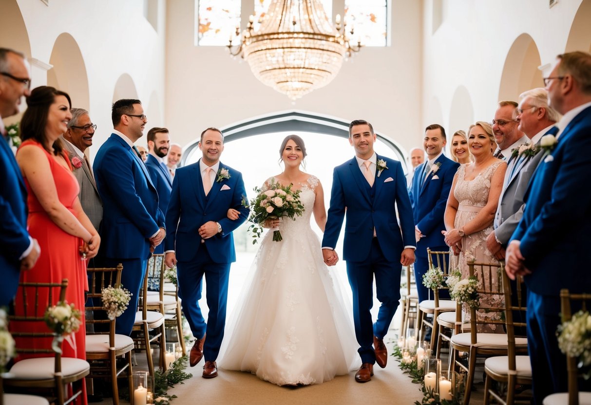 A bride walks down the aisle, surrounded by her wedding party, as guests look on with admiration and joy