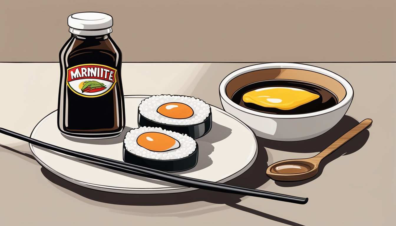 A small jar of Marmite sits next to a bottle of soy sauce on a kitchen counter. A spoonful of Marmite is being drizzled onto a plate of sushi