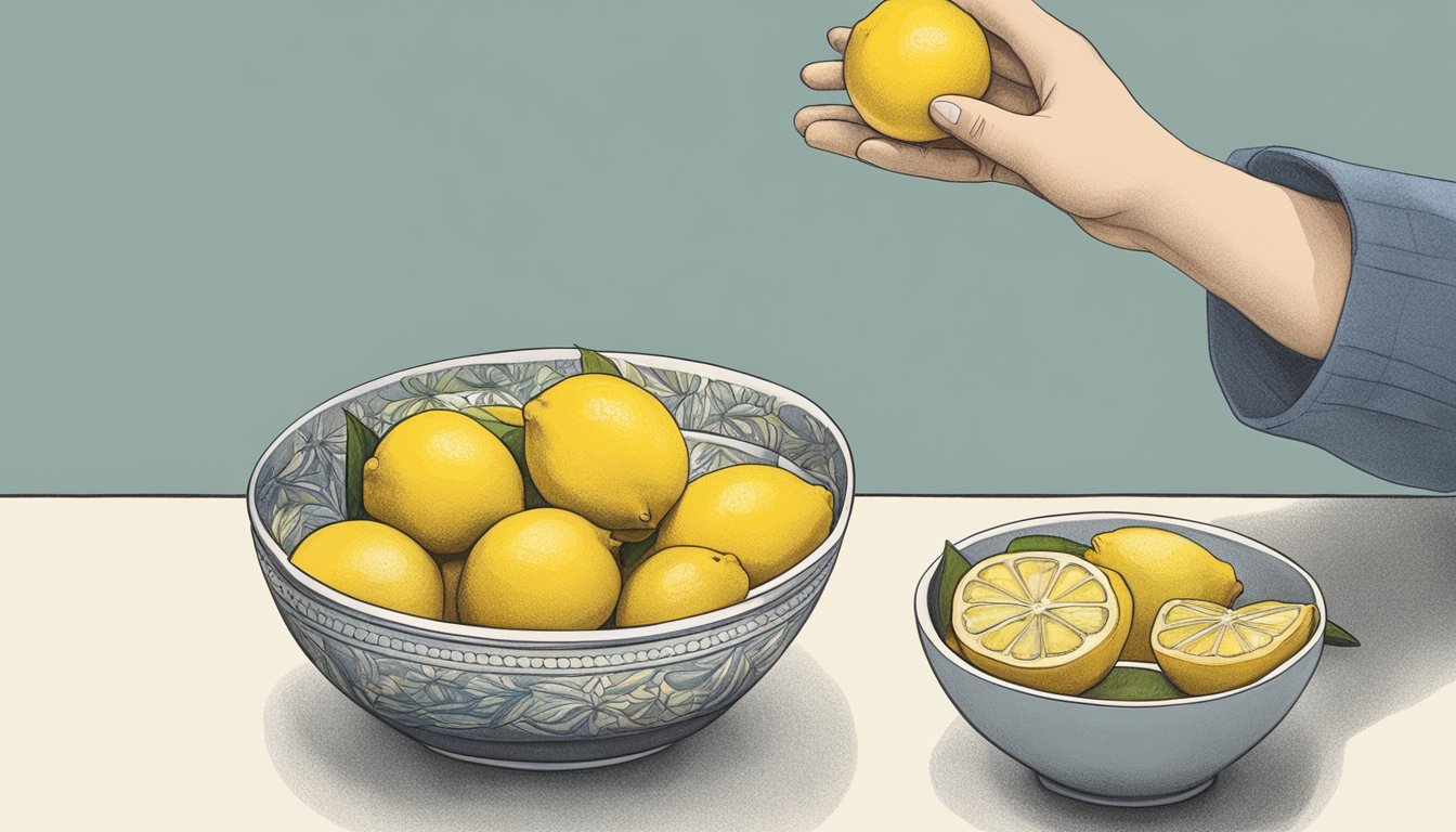 A bowl of Meyer lemons next to a bowl of regular lemons, with a hand reaching for one lemon to substitute for the other