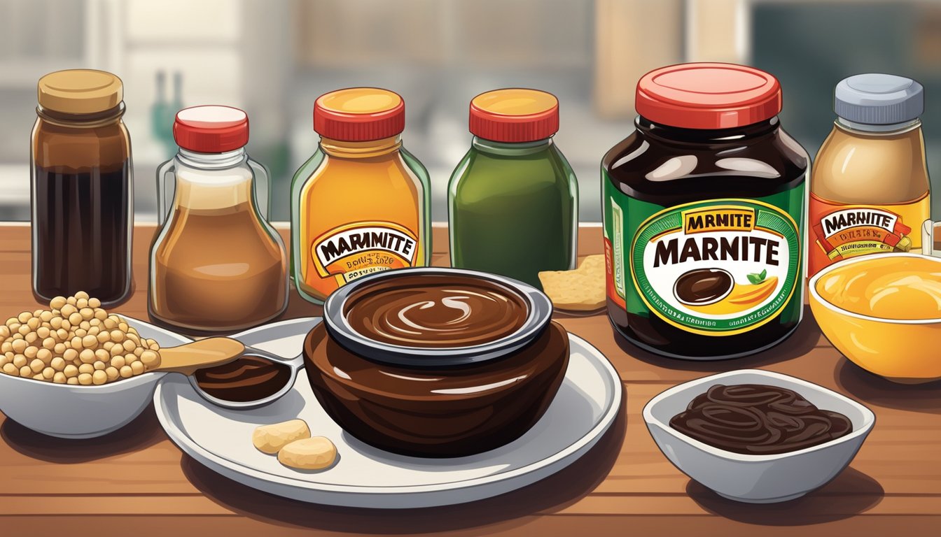 A jar of marmite and a bottle of soy sauce on a kitchen counter, surrounded by various ingredients and condiments