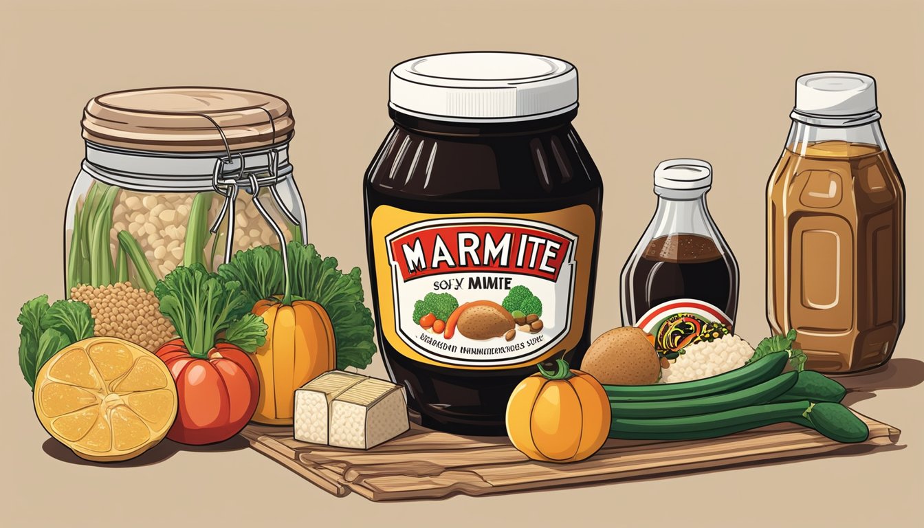 A jar of marmite next to a bottle of soy sauce, surrounded by various food items like vegetables, rice, and noodles