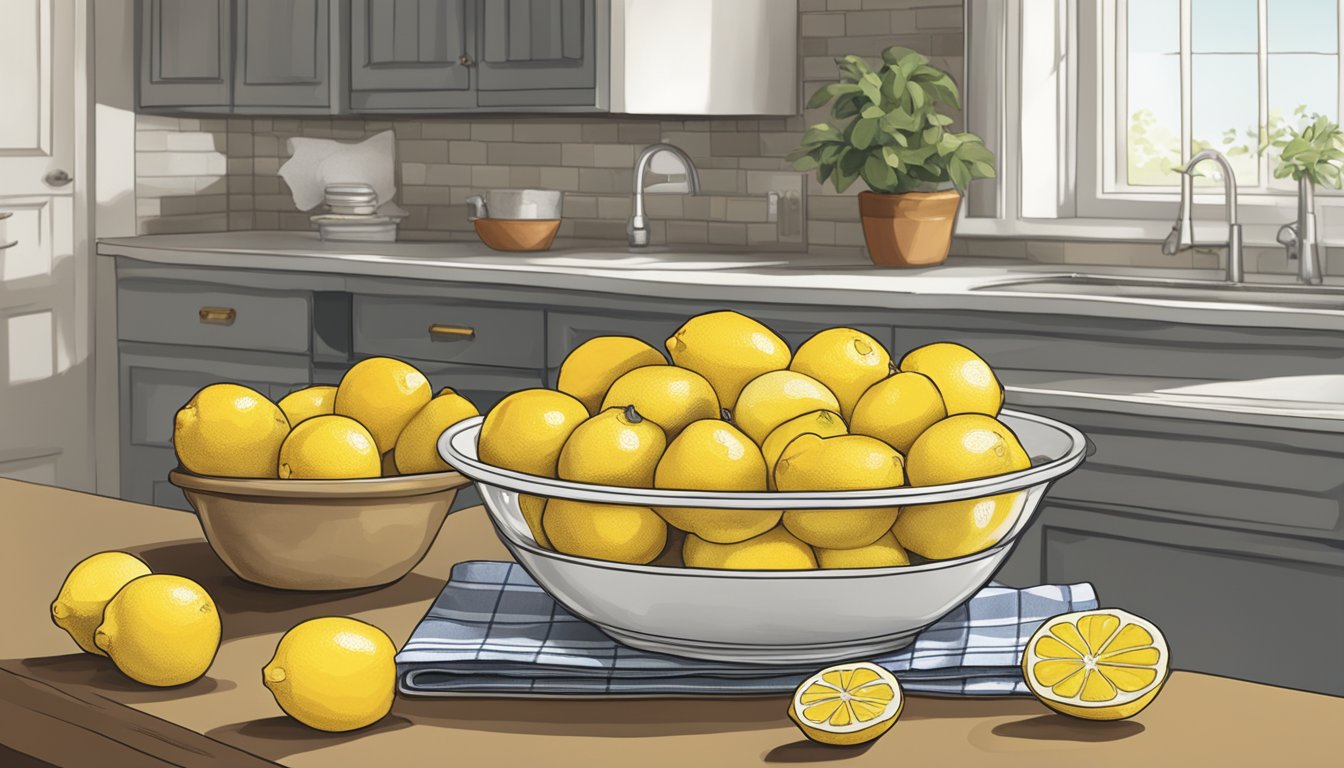 A bowl of meyer lemons next to a pile of regular lemons, with a sign indicating "Substitution Guidelines" on a kitchen counter