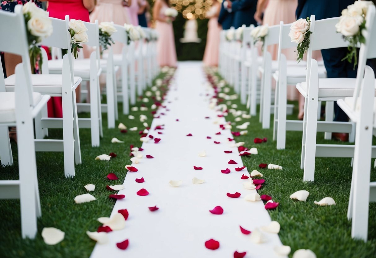 Rose petals scattered along a white wedding aisle