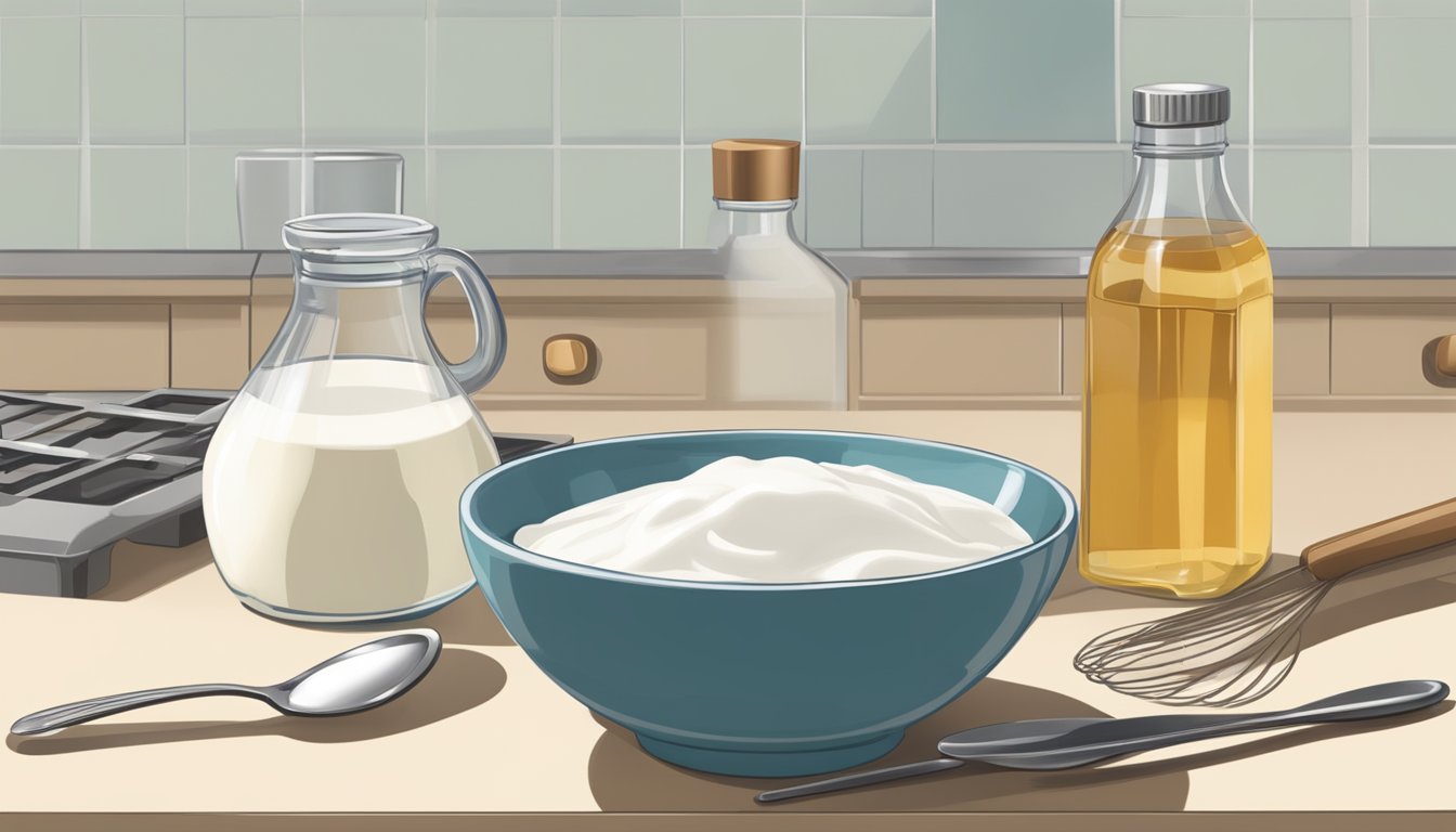 A bowl of milk and vinegar sitting next to a measuring spoon and a whisk on a clean kitchen counter