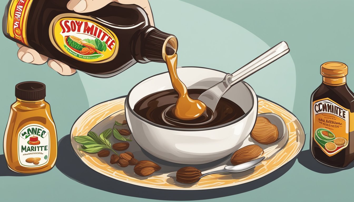 A chef pours marmite into a small dish, next to a bottle of soy sauce and various cooking ingredients