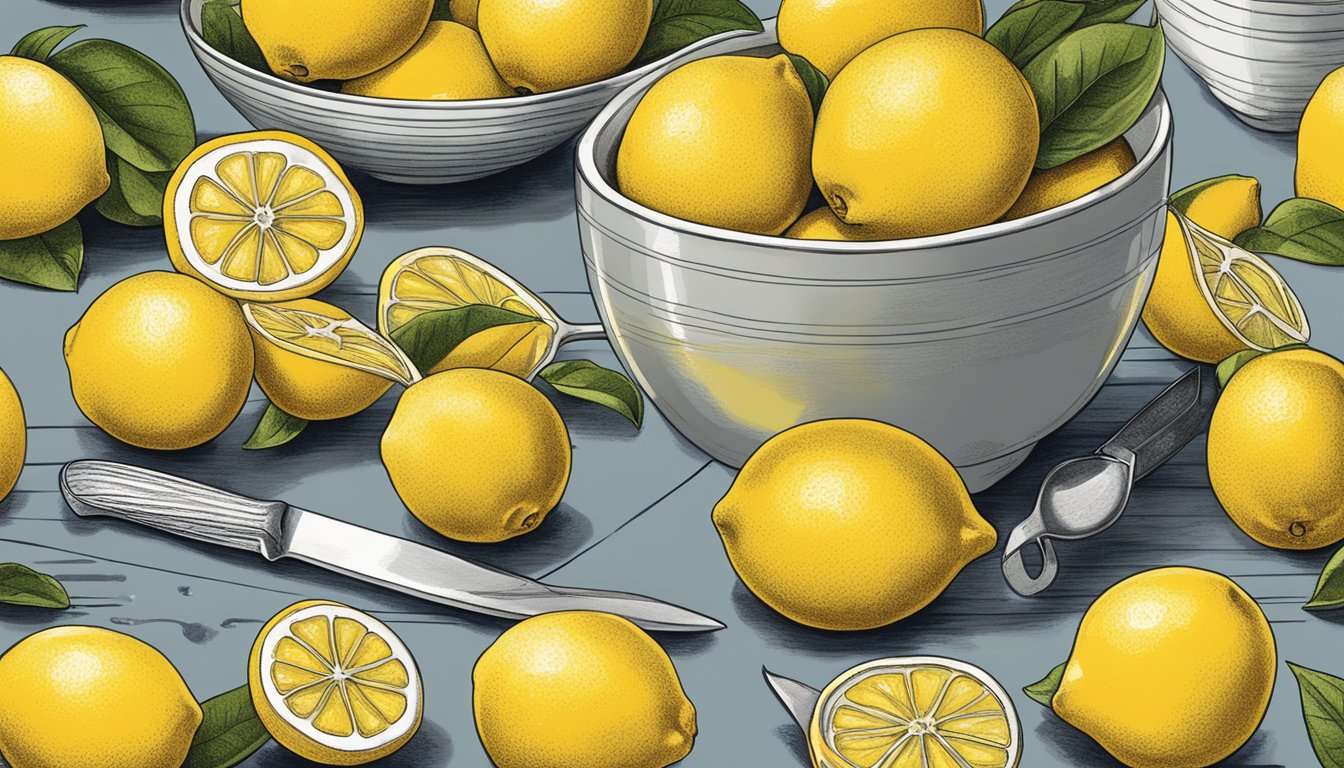 A bowl of Meyer lemons replacing regular lemons in a recipe, with a measuring cup and knife nearby