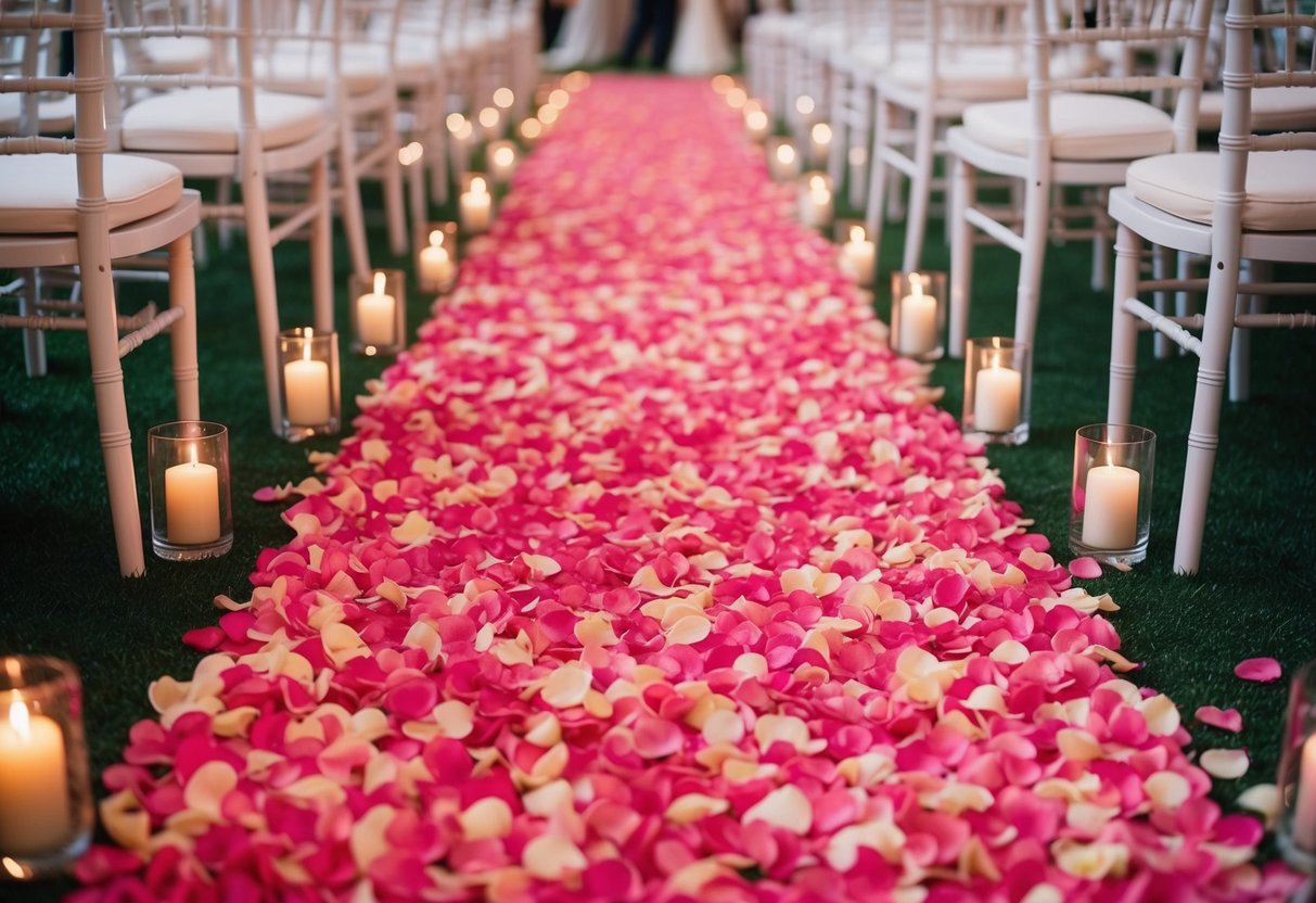 A long wedding aisle lined with a thick carpet of vibrant rose petals, creating a romantic and elegant atmosphere