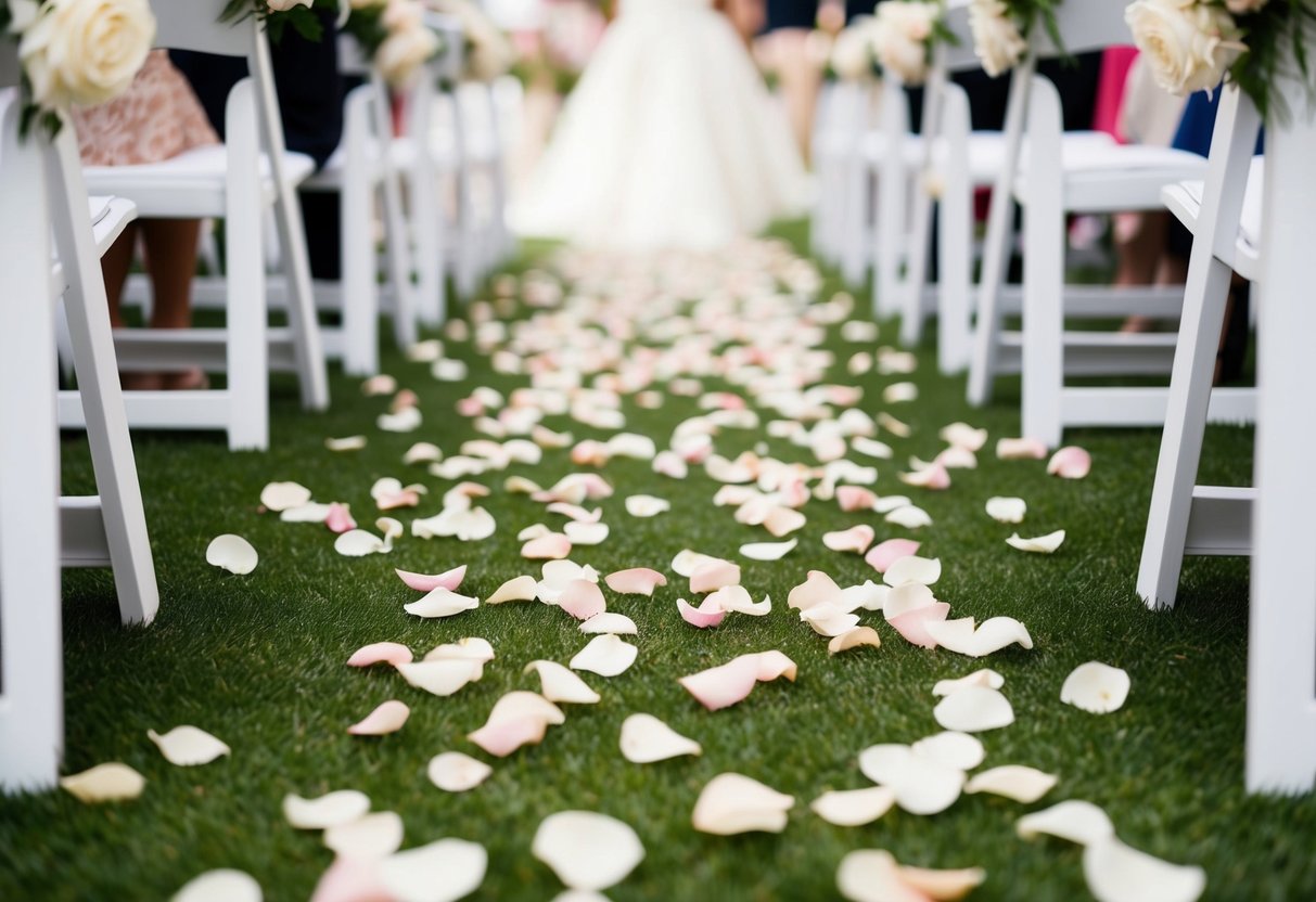 Rose petals scattered along a wedding aisle, forming a path of soft, delicate beauty