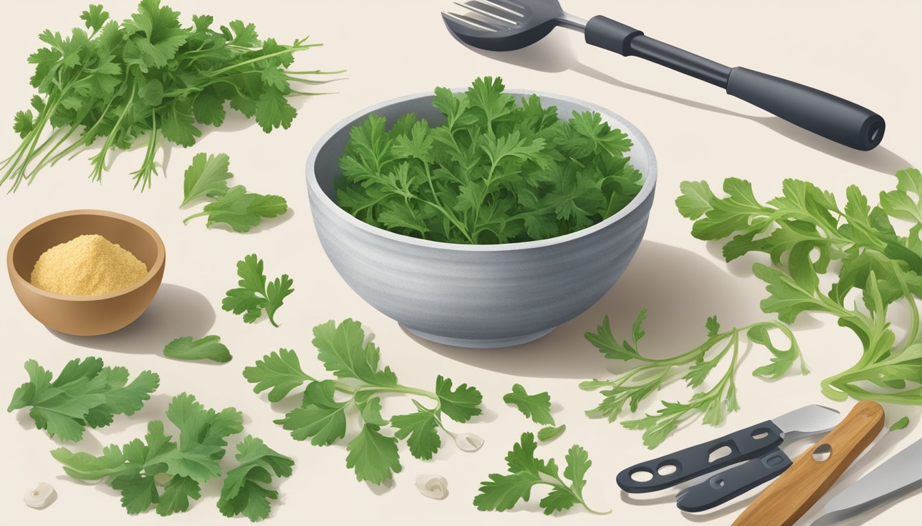 A bowl of mizuna leaves next to a bowl of arugula, with various ingredients and measuring tools arranged around them