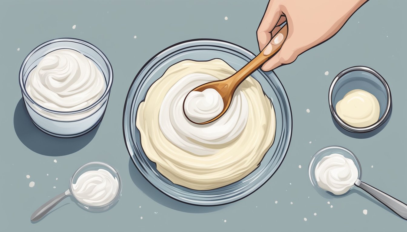 A bowl of frosting being mixed with a spoon, with a container of mascarpone and cream cheese nearby. Ingredients like sugar and vanilla extract are also present