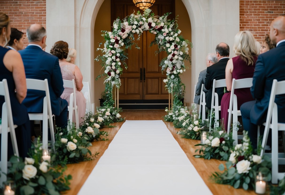 A floral arch stands at the end of a white aisle runner