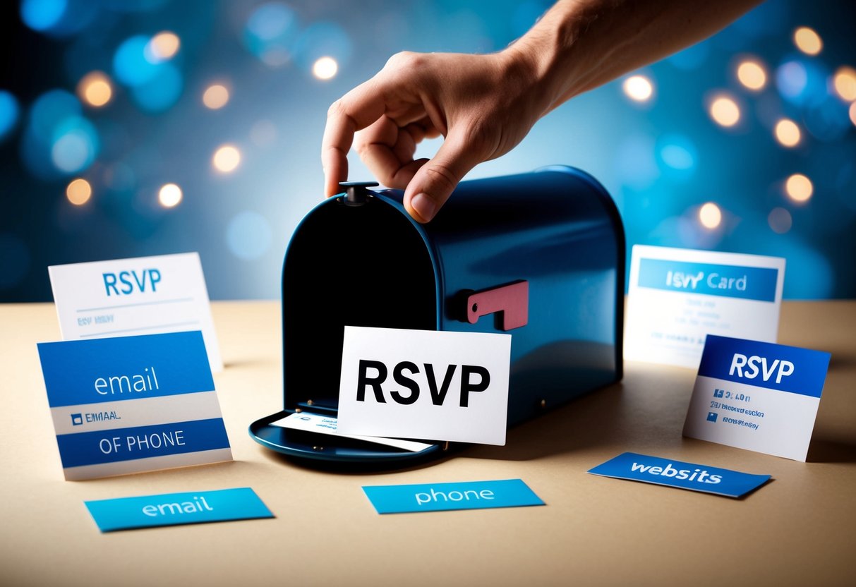A hand reaching into a mailbox, holding an RSVP card. The mailbox is surrounded by various alternative methods of RSVP, such as email, phone, and website
