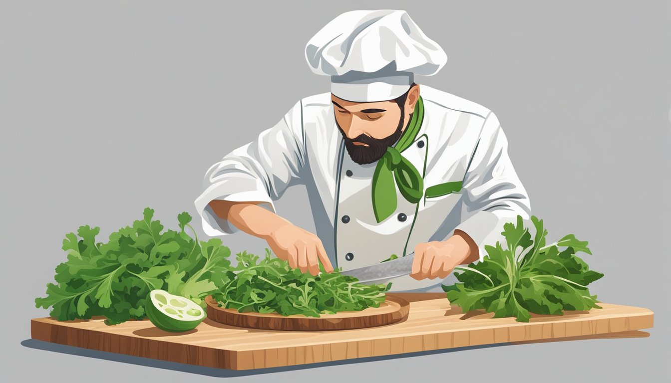 A chef swaps mizuna for arugula in a vibrant salad, carefully selecting and arranging the peppery greens on a wooden cutting board