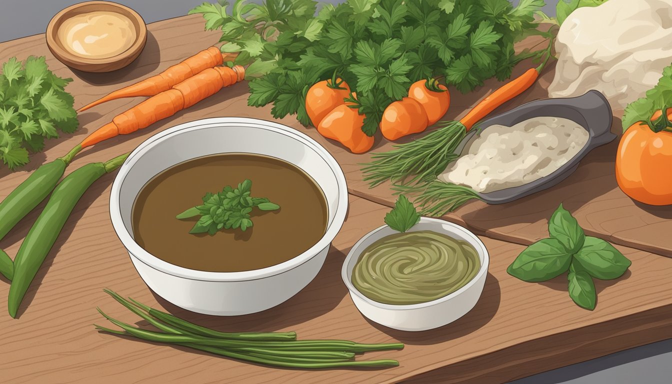 A small bowl of miso paste next to a tube of anchovy paste on a wooden cutting board, surrounded by various fresh herbs and vegetables