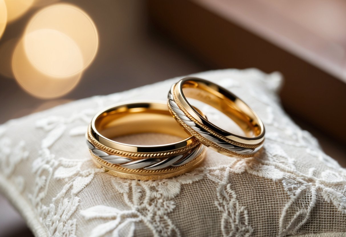 A pair of intertwined gold wedding bands placed on a delicate lace pillow