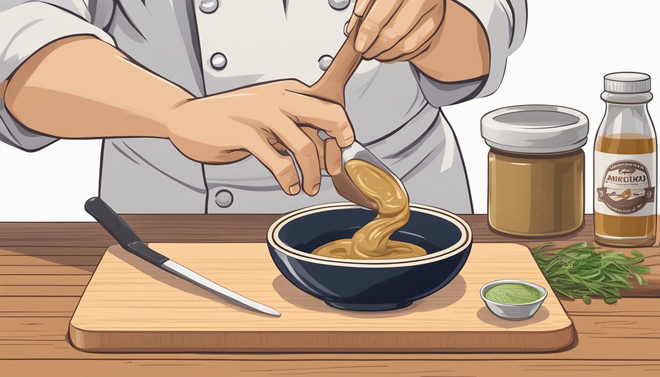 A chef pours miso into a small bowl, next to a tube of anchovy paste on a wooden cutting board