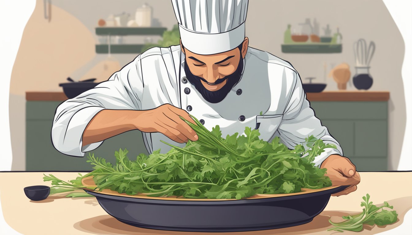 A chef swapping mizuna for arugula in a vibrant salad