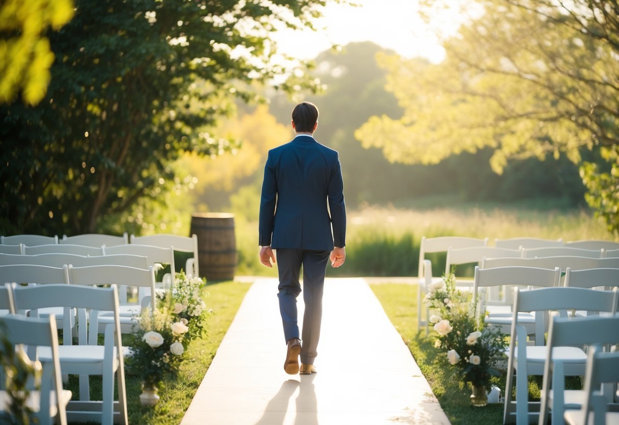 A lone figure walks down a sunlit aisle, surrounded by nature and the soft glow of warm light
