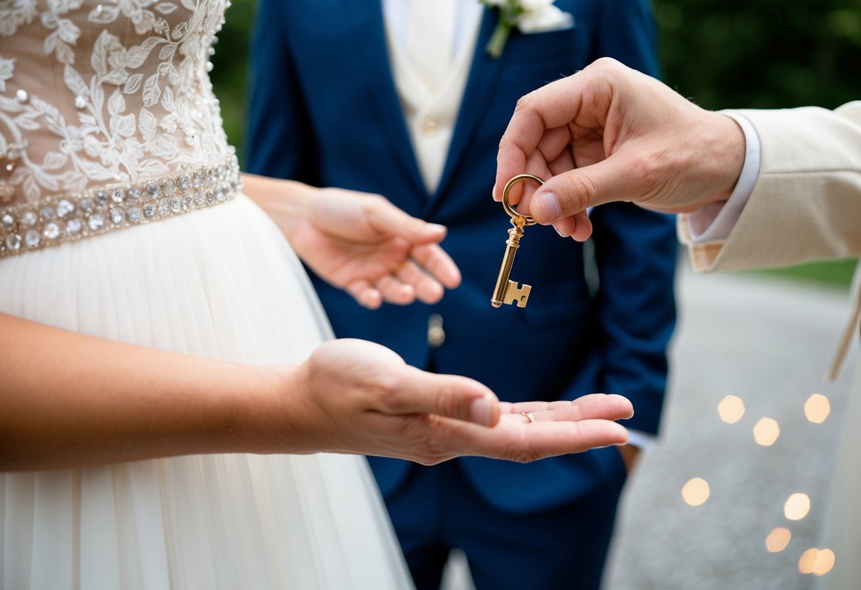 A groom's hand reaches for a golden key, held by a bride's hand