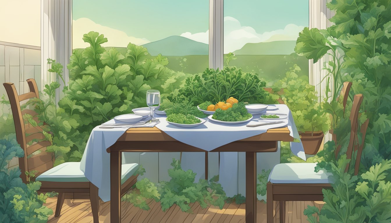 A lush garden with mizuna and arugula plants growing side by side, with a table set for a meal featuring both leafy greens