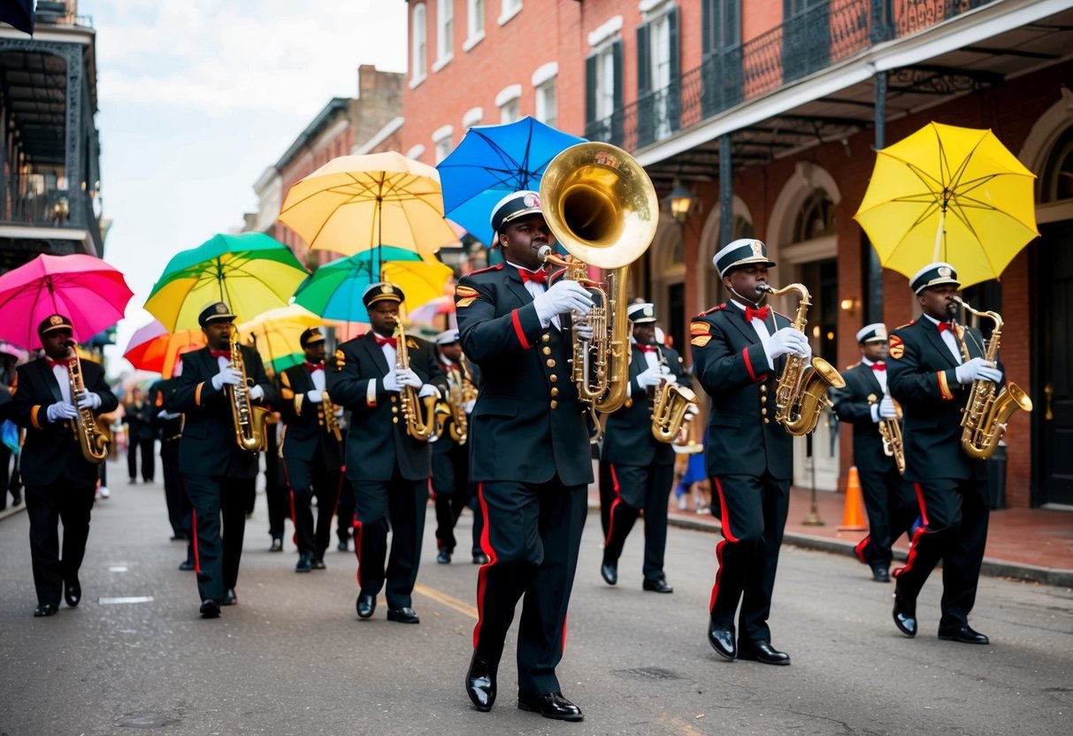 A brass band leads a procession through the French Quarter, with colorful umbrellas and traditional jazz music filling the air