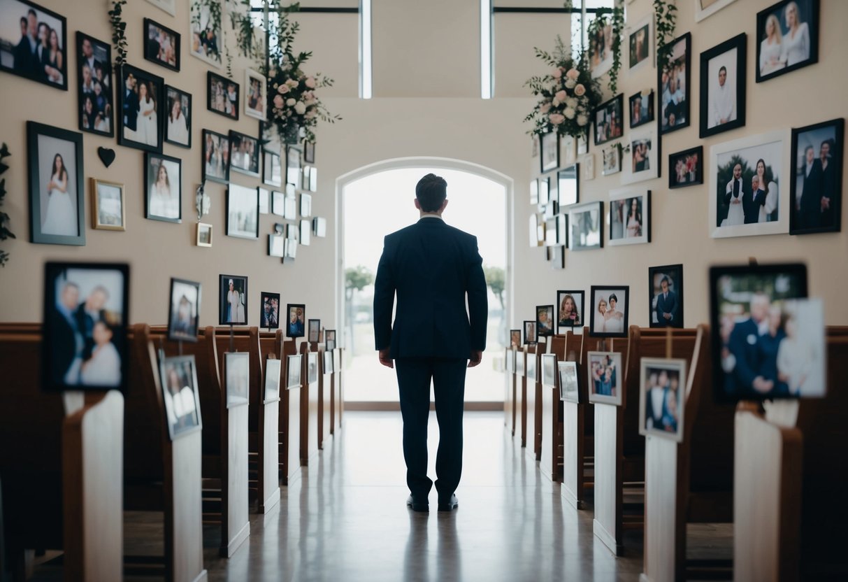 A lone figure stands at the end of an empty aisle, surrounded by photos and mementos of loved ones