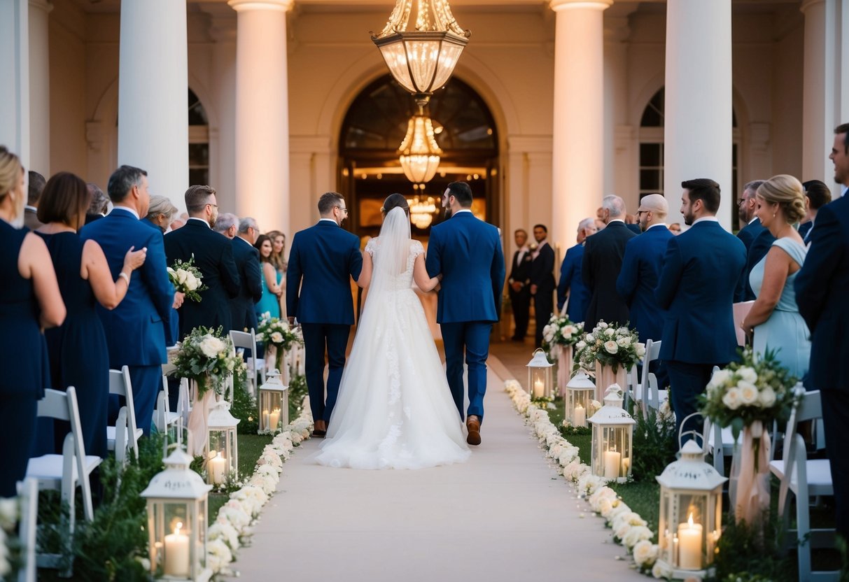 Guests move from ceremony to reception, following a path lined with flowers and lanterns, leading to a grand entrance