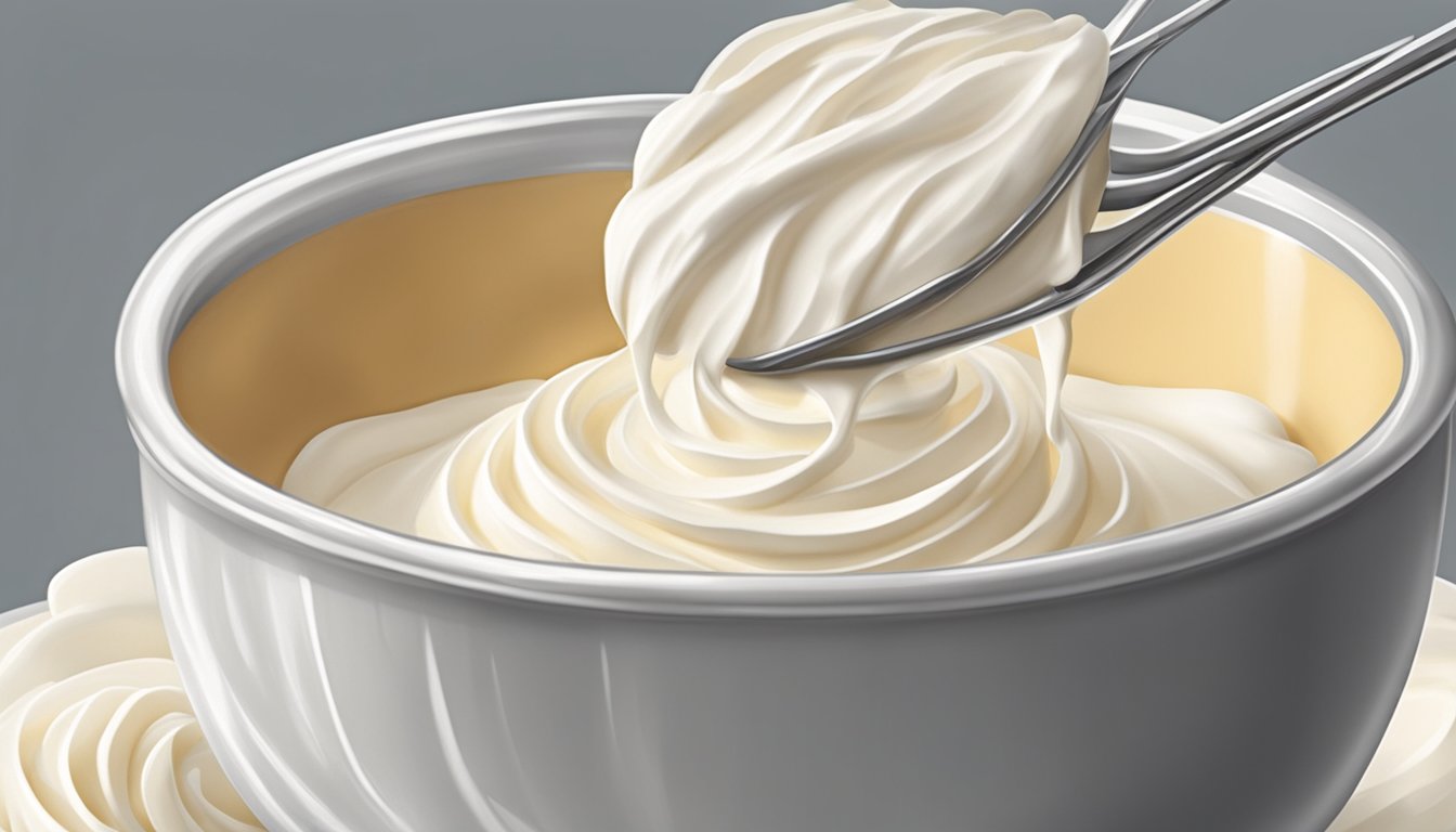 A bowl of mascarpone being whisked into frosting, with a creamy texture and a light, airy consistency