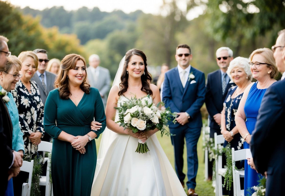 A close friend leads the way, holding a bouquet, as the bride walks down the aisle alone, surrounded by supportive loved ones