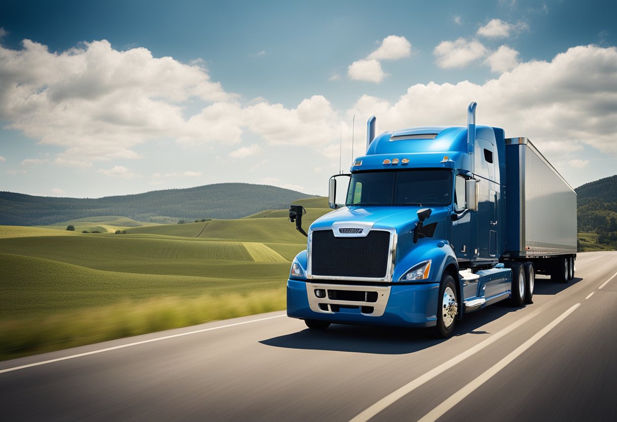 A Mack semi truck driving smoothly on a highway, with a clear blue sky and rolling hills in the background