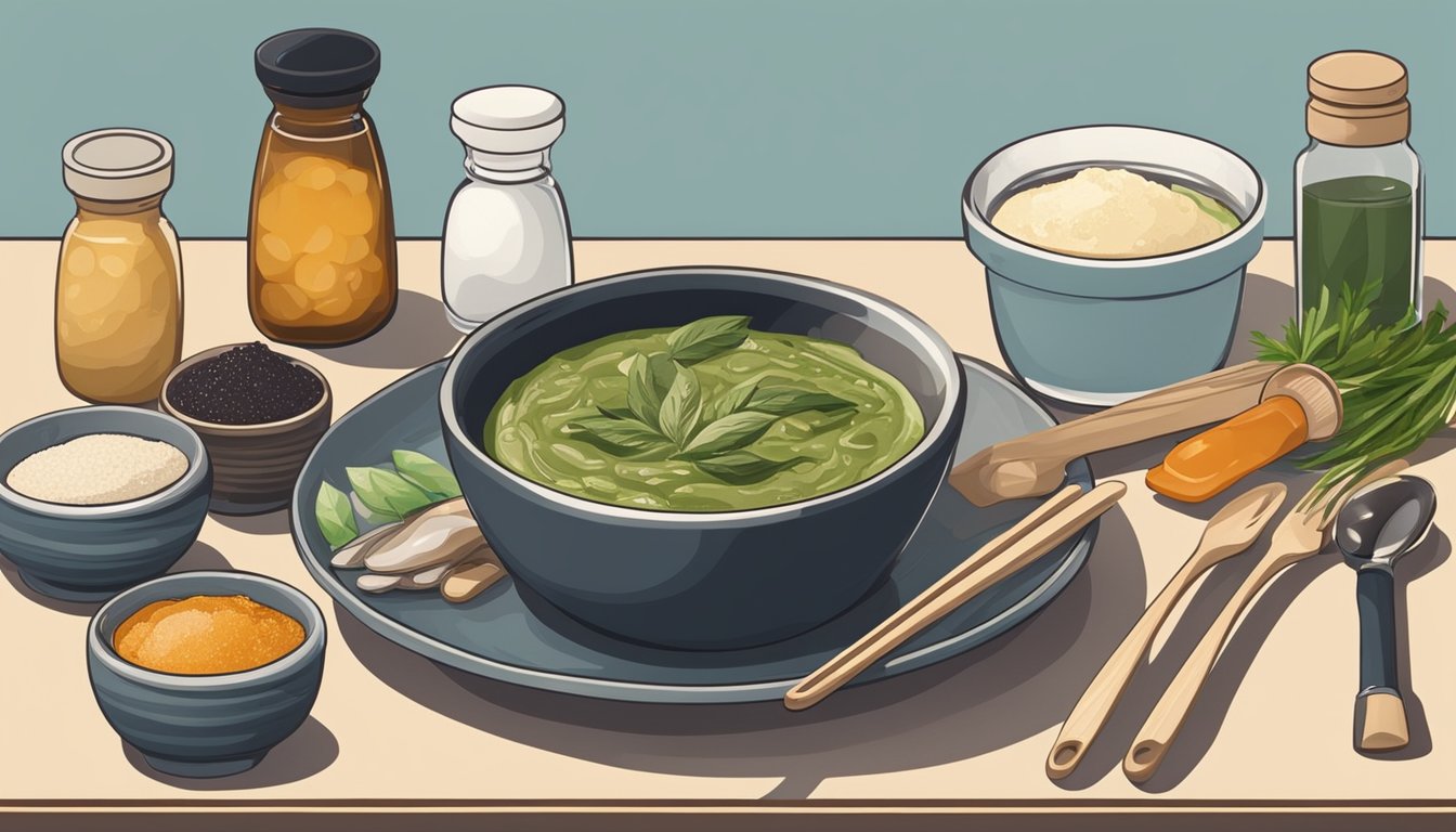 A small bowl of miso paste next to a tube of anchovy paste, surrounded by various cooking utensils and ingredients on a kitchen counter