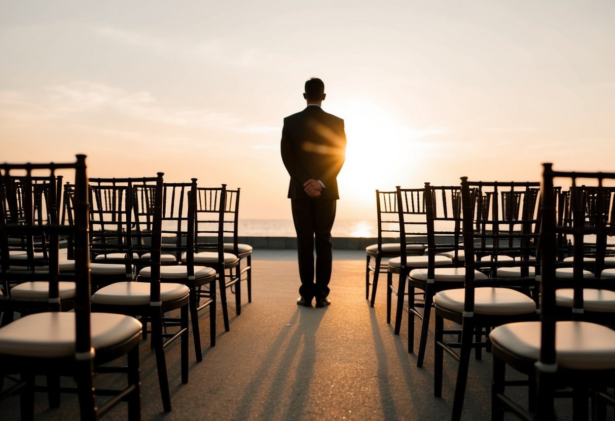 A lone figure stands at the end of the aisle, surrounded by empty chairs. The setting sun casts a warm glow, creating a sense of solitude and anticipation