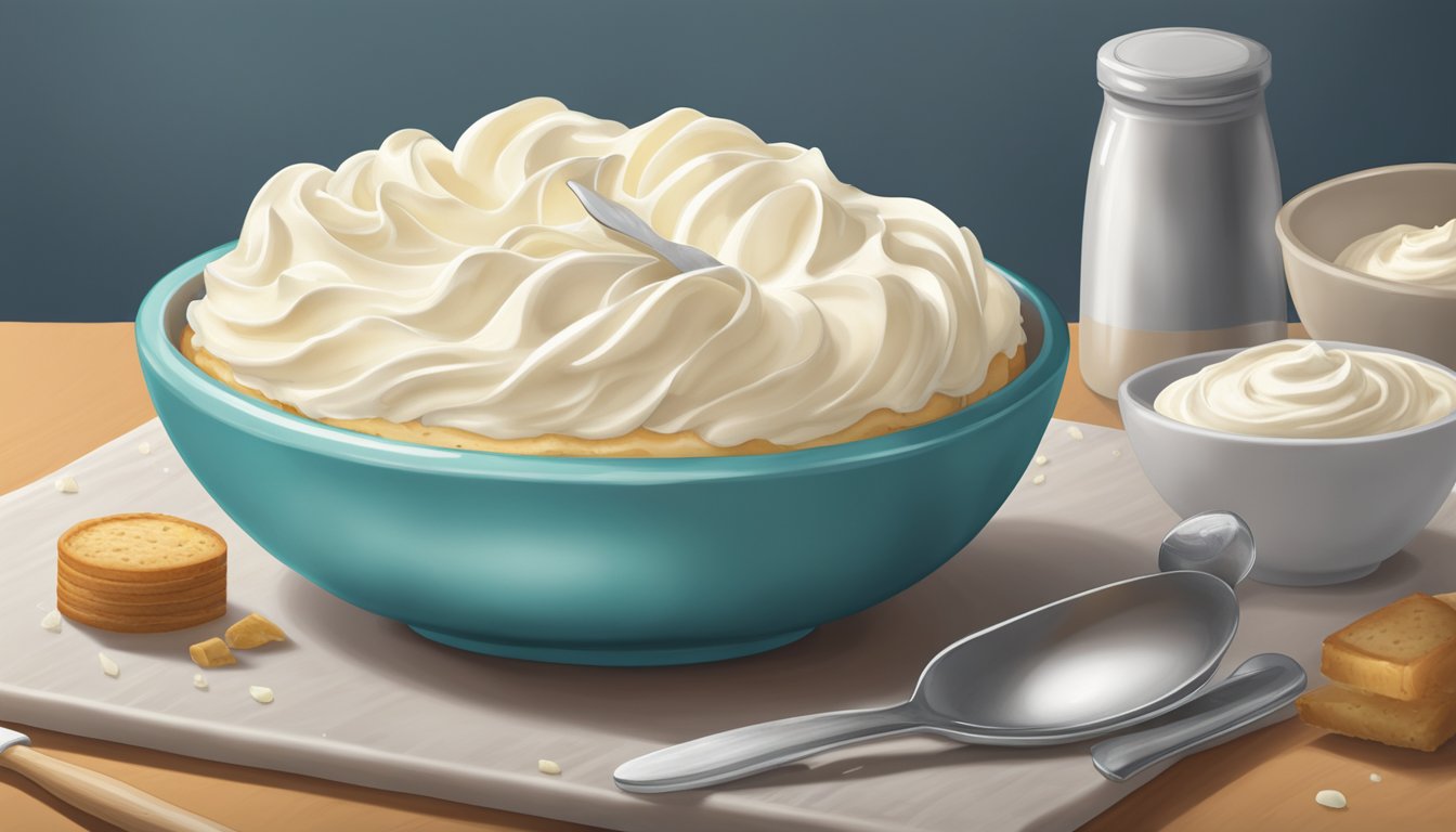 A bowl of mascarpone being swapped for cream cheese in a frosting recipe, with ingredients and utensils scattered around