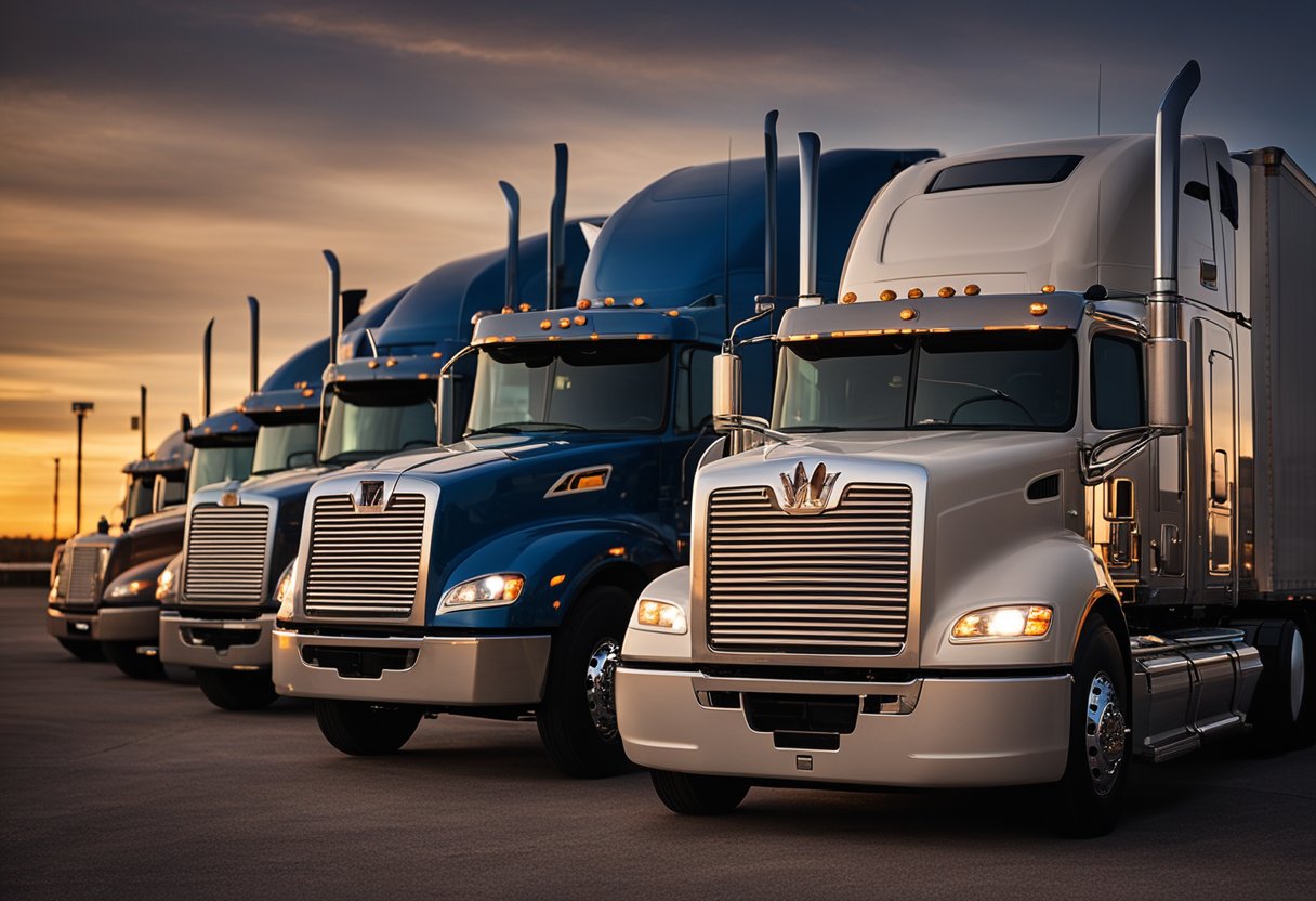 A fleet of Mack semi trucks lined up at a truck stop, with the sun setting in the background, casting a warm glow on the vehicles