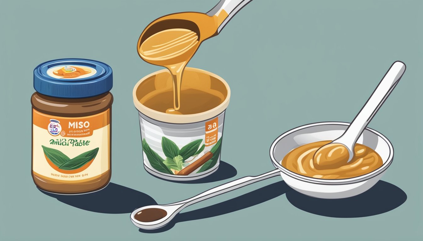 A small bowl of miso paste being spooned into a measuring spoon, alongside a container of anchovy paste