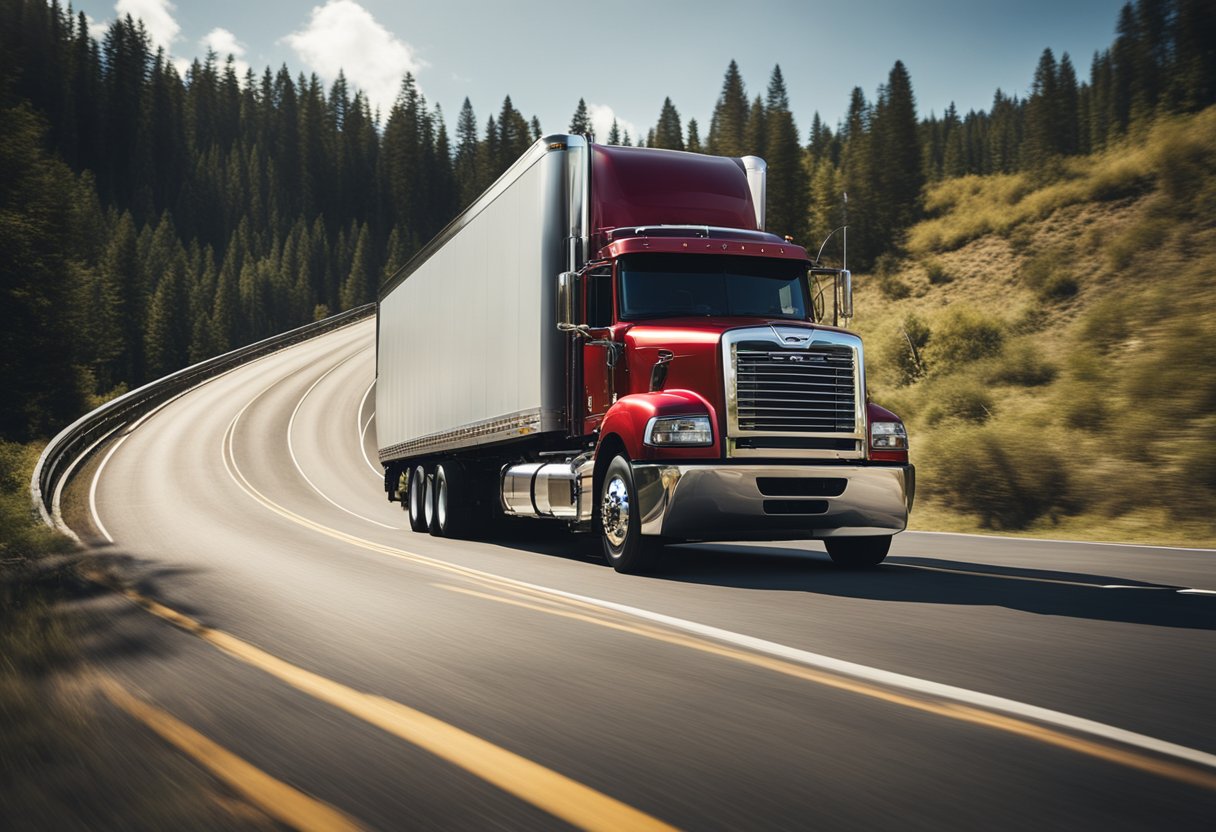 A Mack semi truck navigating a winding road with safety features highlighted