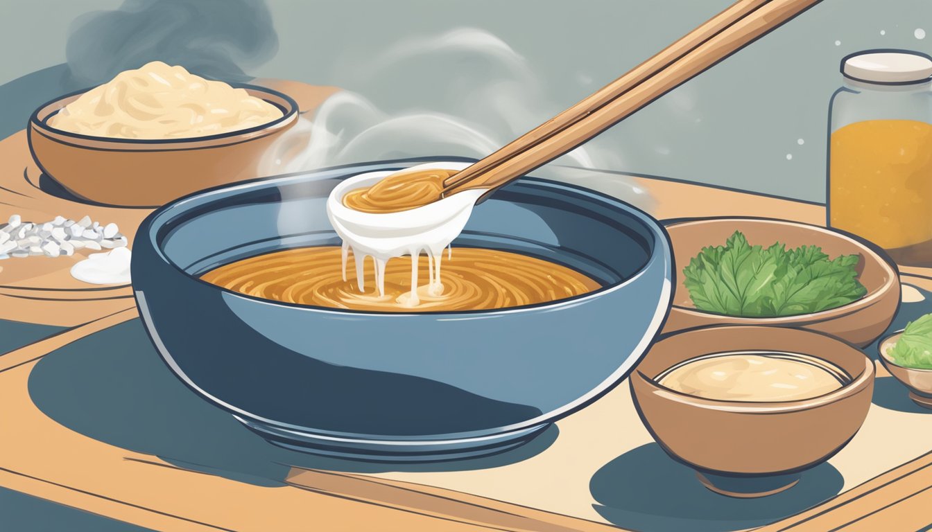 A bowl of miso paste being spooned into a dish in place of anchovy paste, with aromatic steam rising