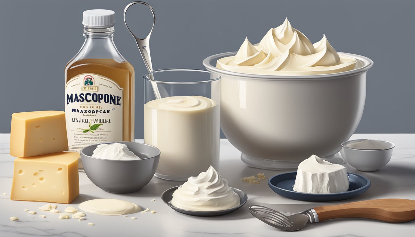 A bowl of mascarpone sits next to a block of cream cheese, surrounded by measuring spoons and a mixer. Ingredients like sugar and vanilla extract are also present