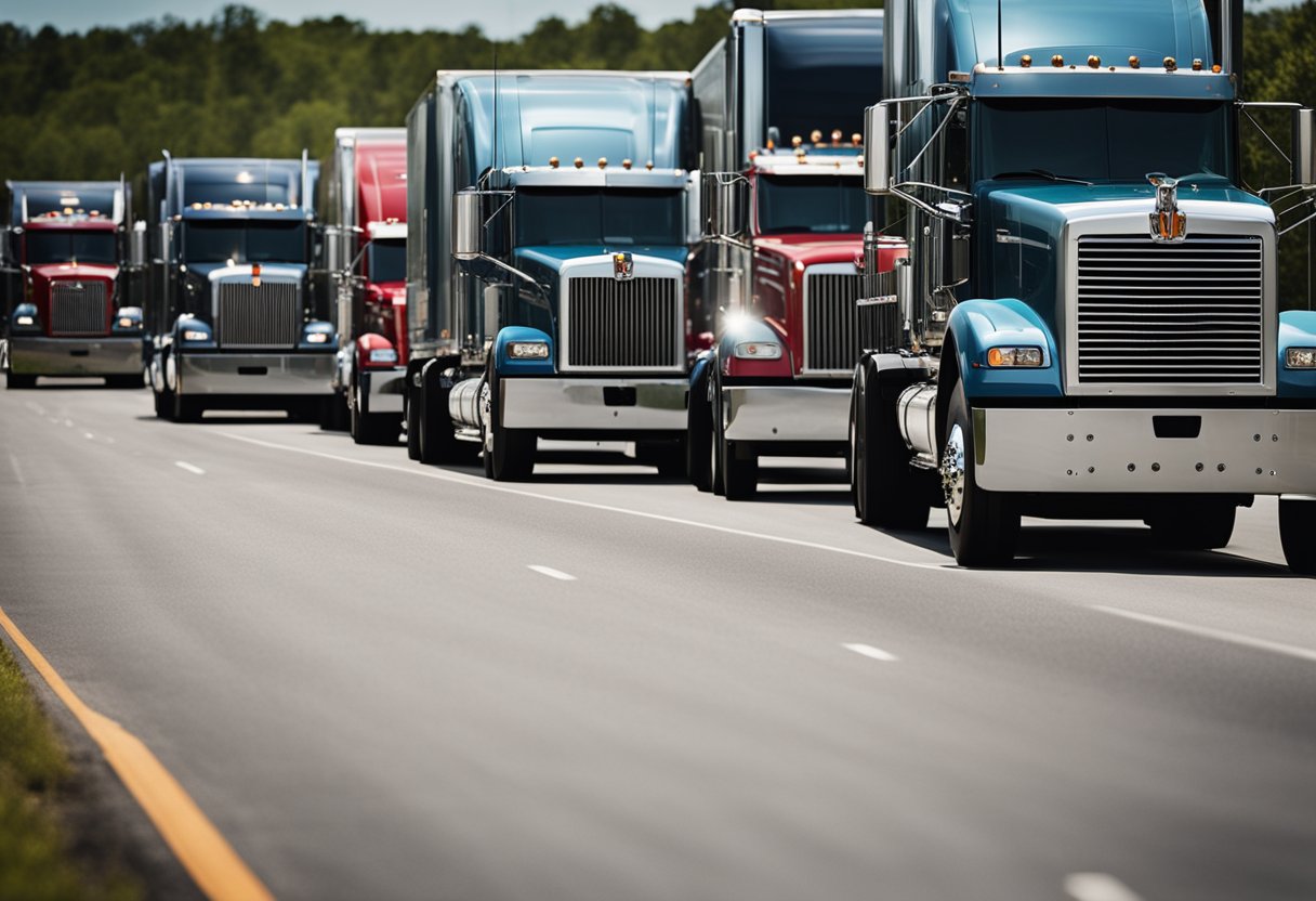 A convoy of Mack semi trucks lined up on a highway, moving efficiently with precision and power