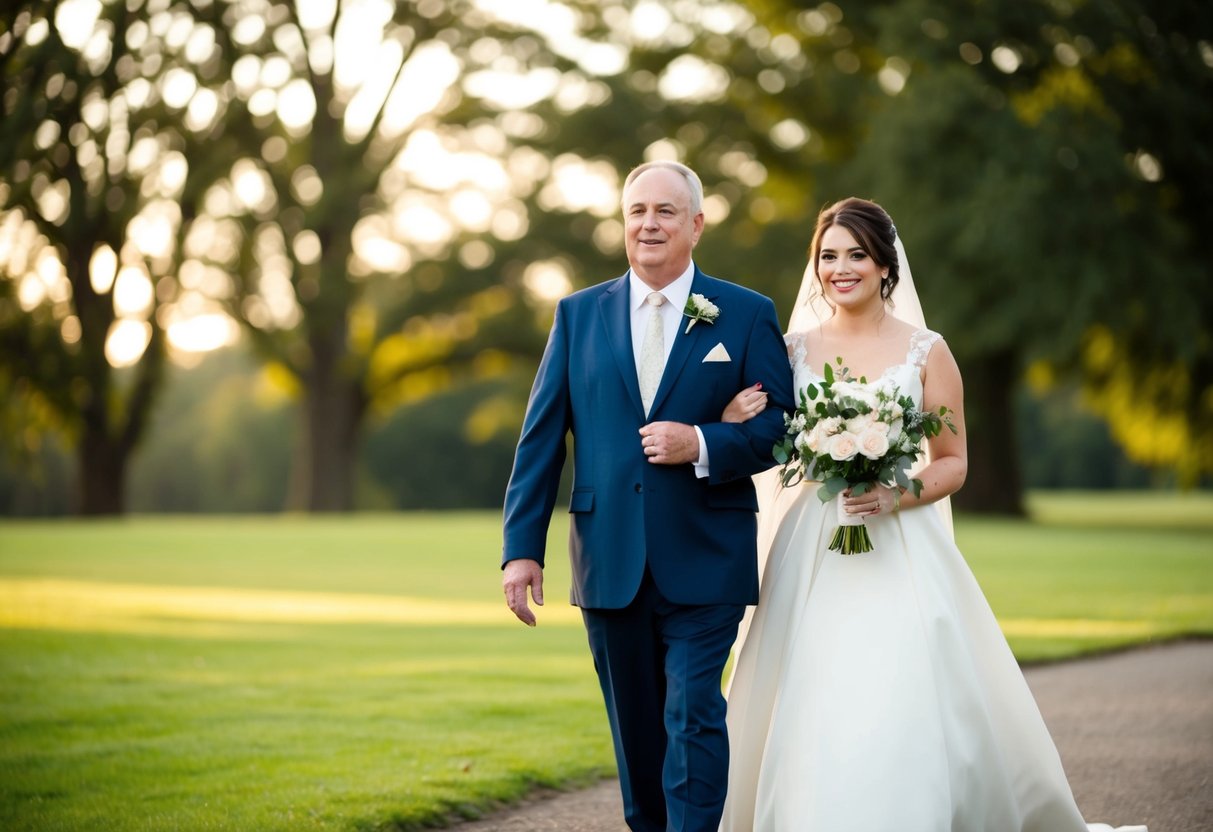 A bride walks on the arm of her father or escort