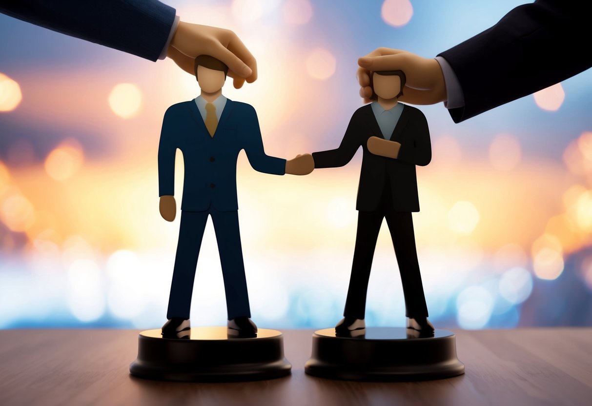 A figure stands beside another, symbolizing trust and support, in a celebratory setting