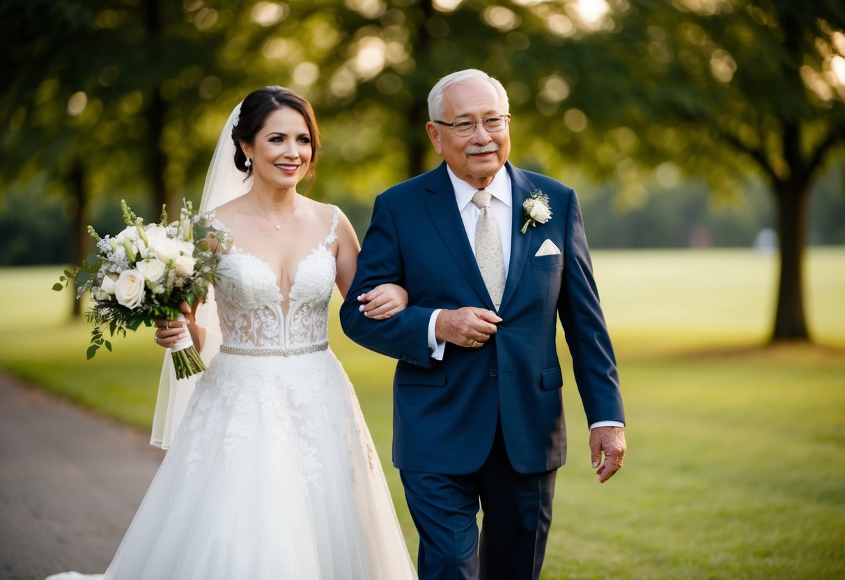 A bride walks on the arm of a family elder or respected individual