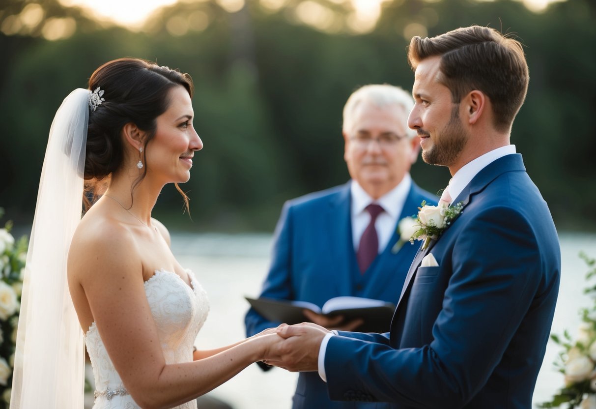 A man stands beside a woman, symbolically offering her to another figure in a wedding setting