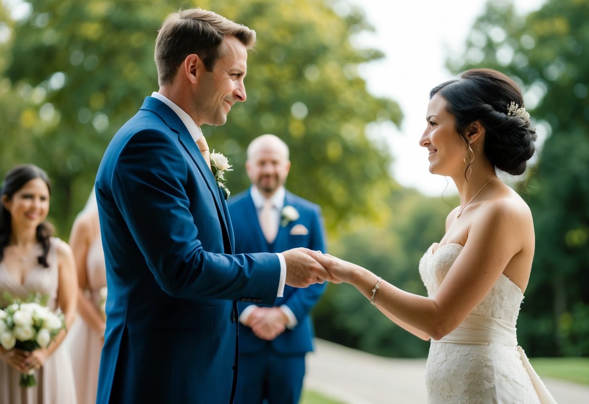 A man stands beside a woman, symbolizing the act of giving her away at a wedding
