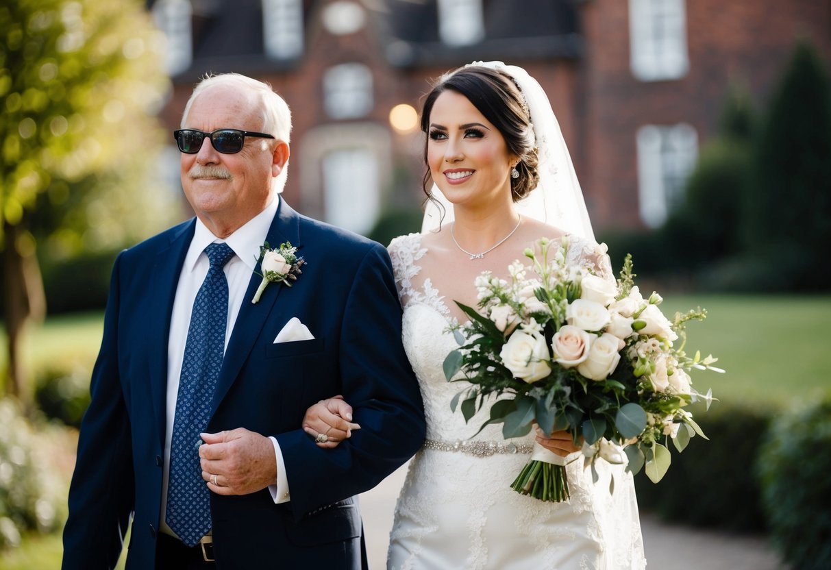 A bride walks on the arm of her father or another close family member or friend