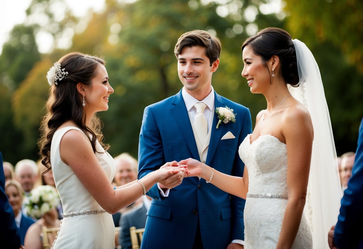 A brother stands beside his sister, offering her hand to another figure in a wedding ceremony