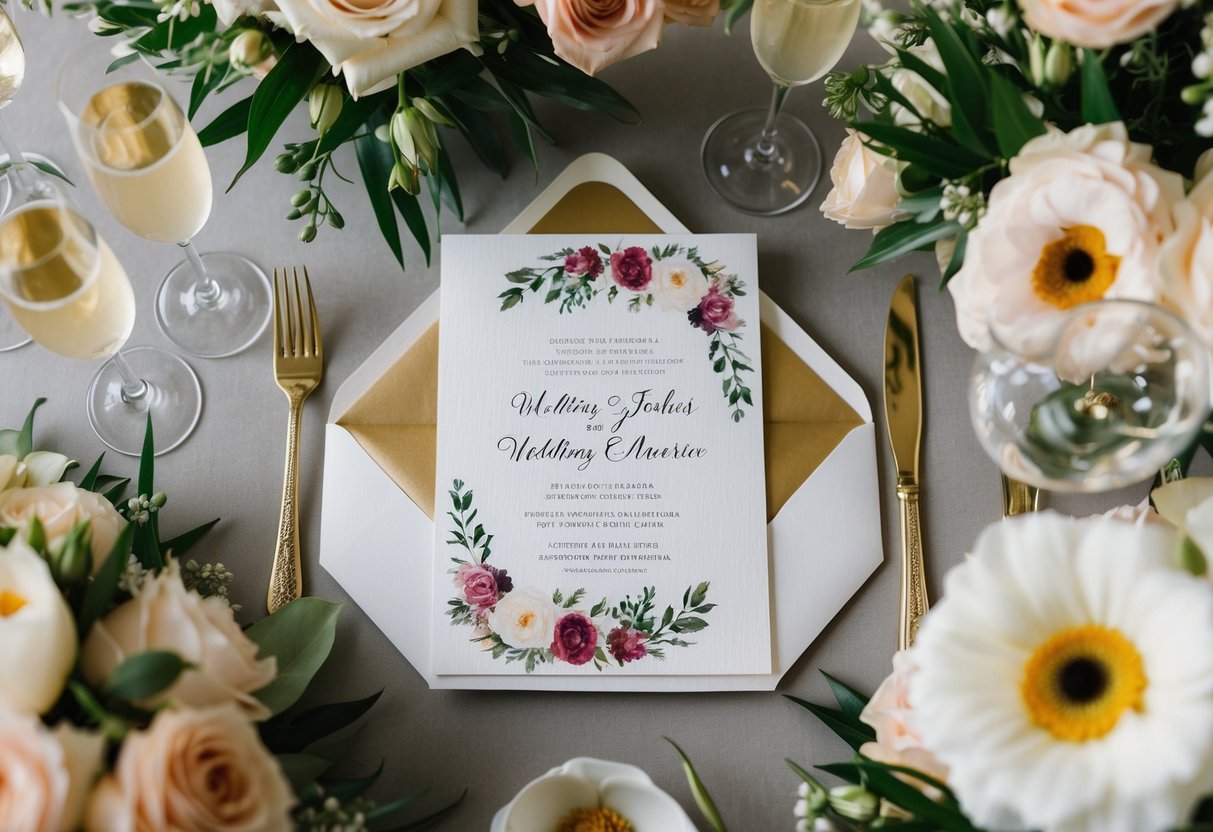 A beautifully decorated wedding invitation surrounded by elegant floral arrangements and sparkling champagne glasses