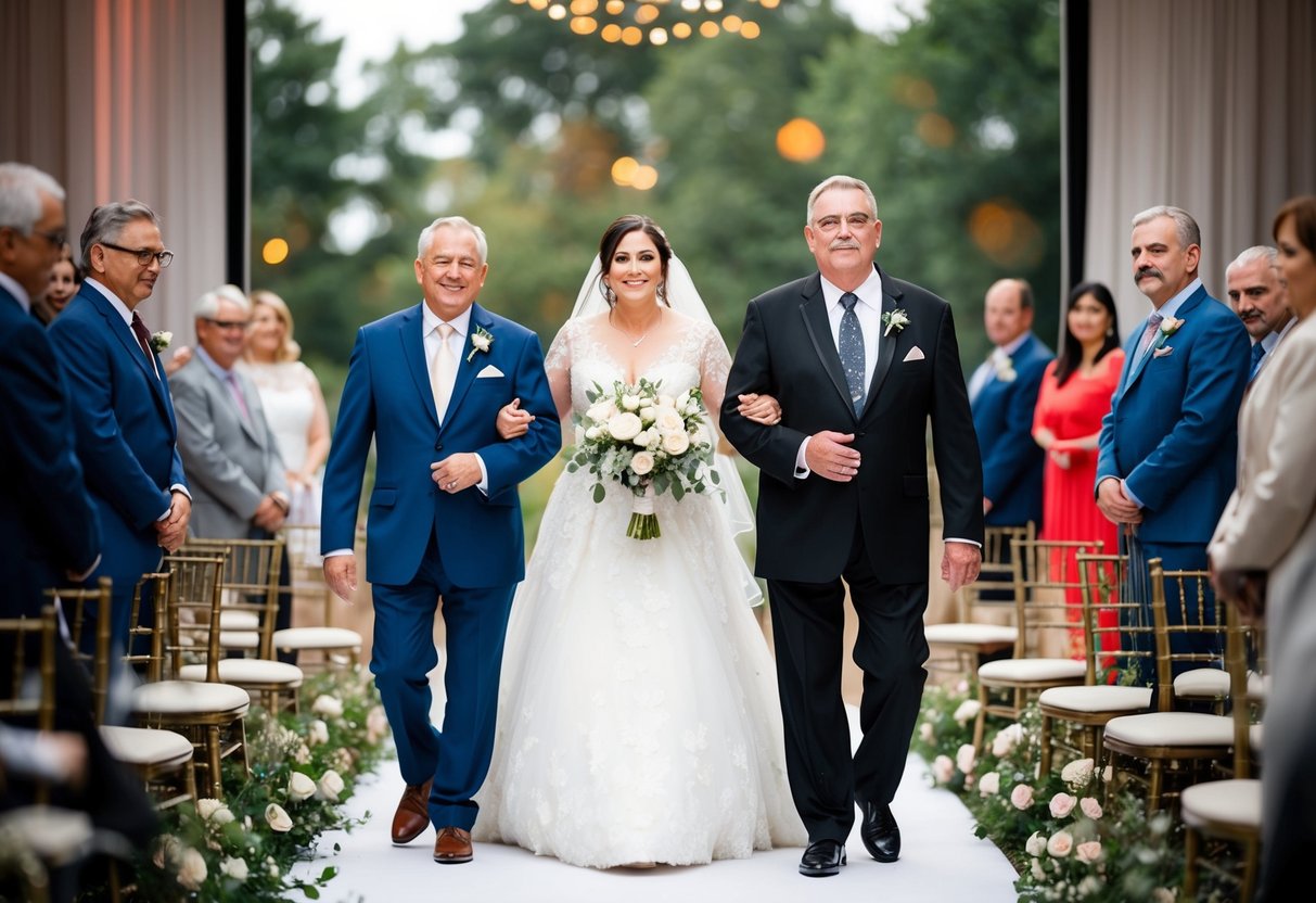 A bride walks with her father, symbolizing support and transition, positioning them center stage