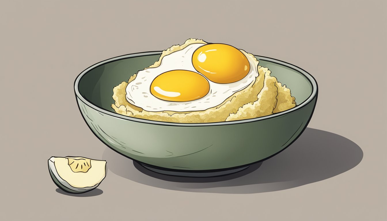 A bowl of mashed bananas sits next to a cracked egg, showing the substitution for baking